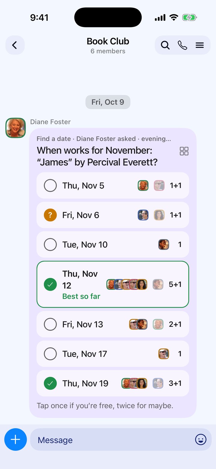 Book Club in Camp finding a date for November: seven evenings, each with the faces of who’s free, Thursday the 12th best so far