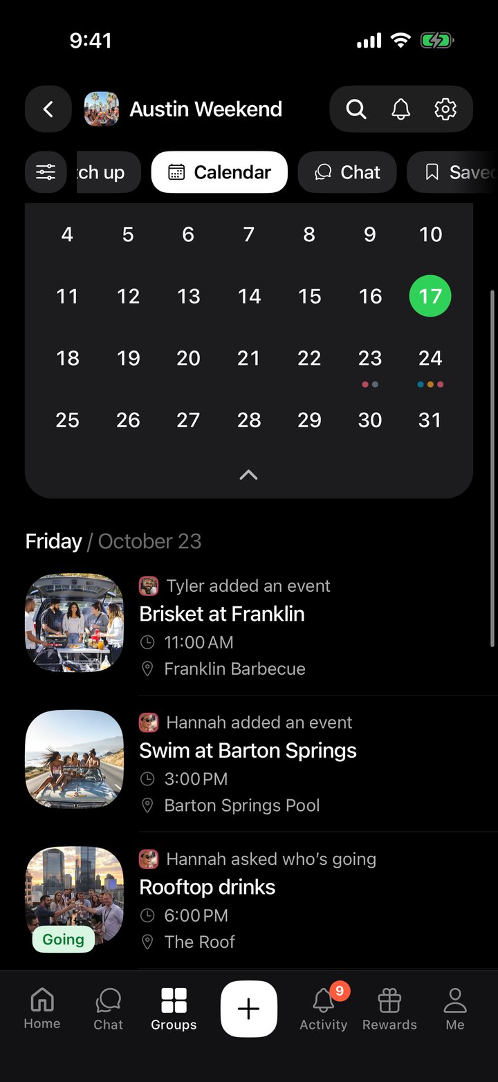 Camp’s Home calendar for October: every group’s plans on one month grid, each day showing its photo