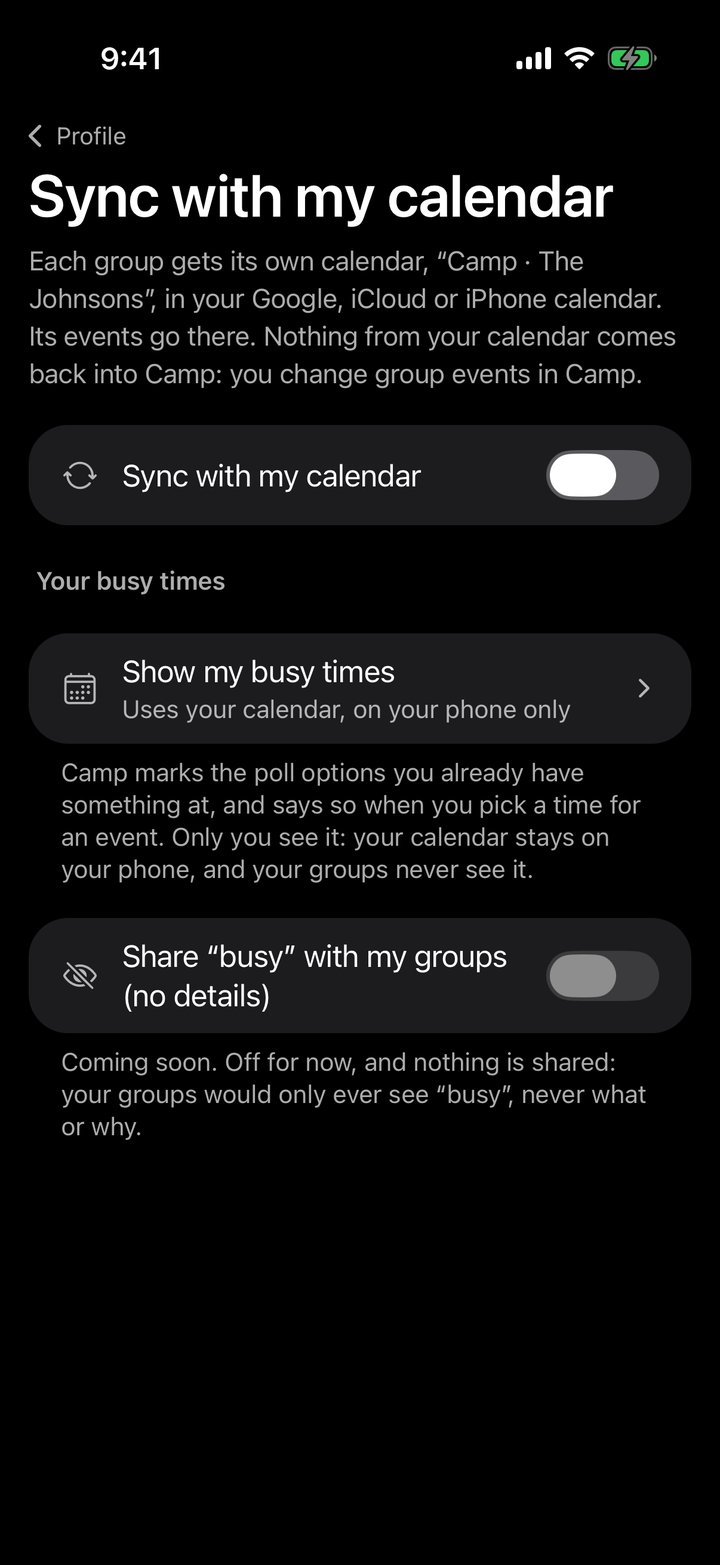 Camp’s Sync with my calendar settings: on, On My iPhone, and a switch for each group