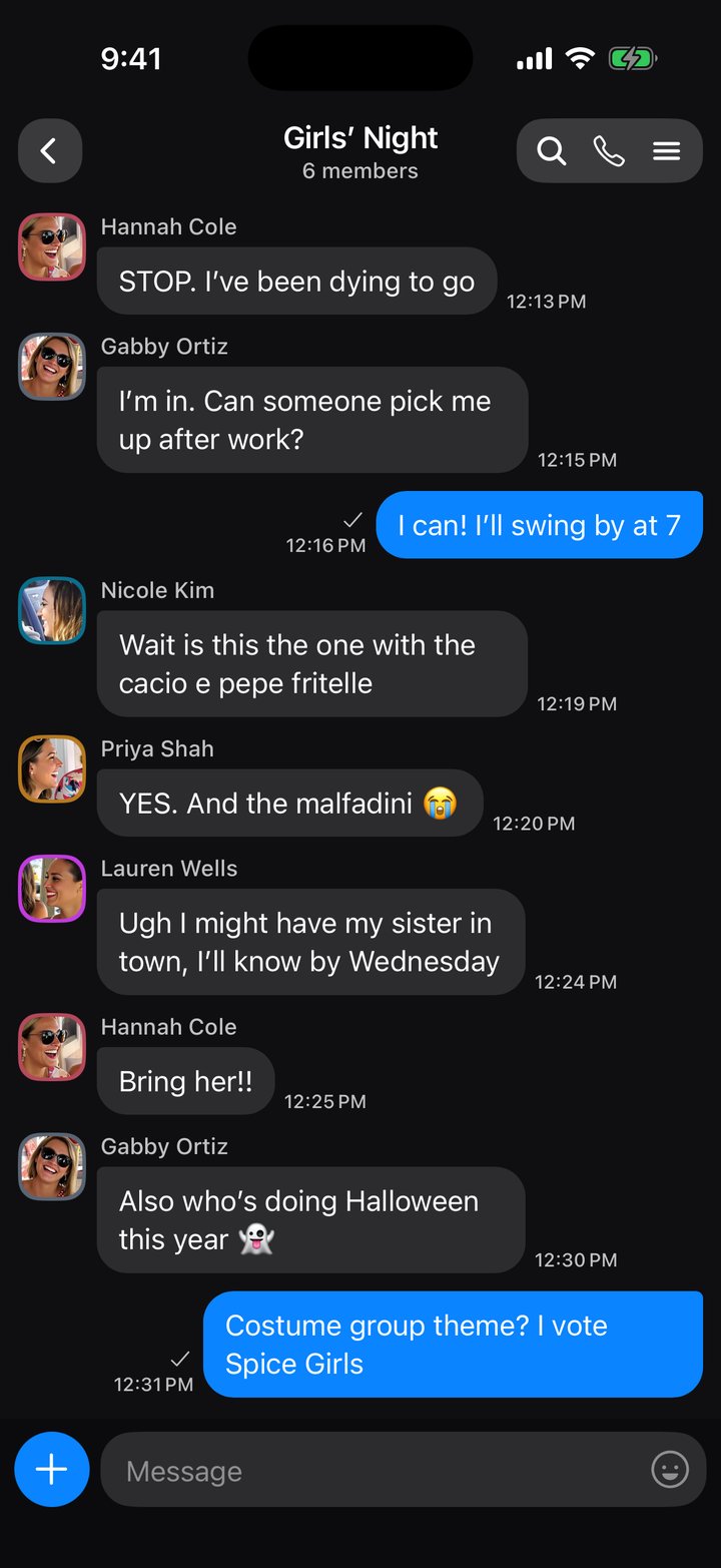 Girls’ Night’s group chat in Camp, planning dinner at Lilia, with the plan pinned at the top