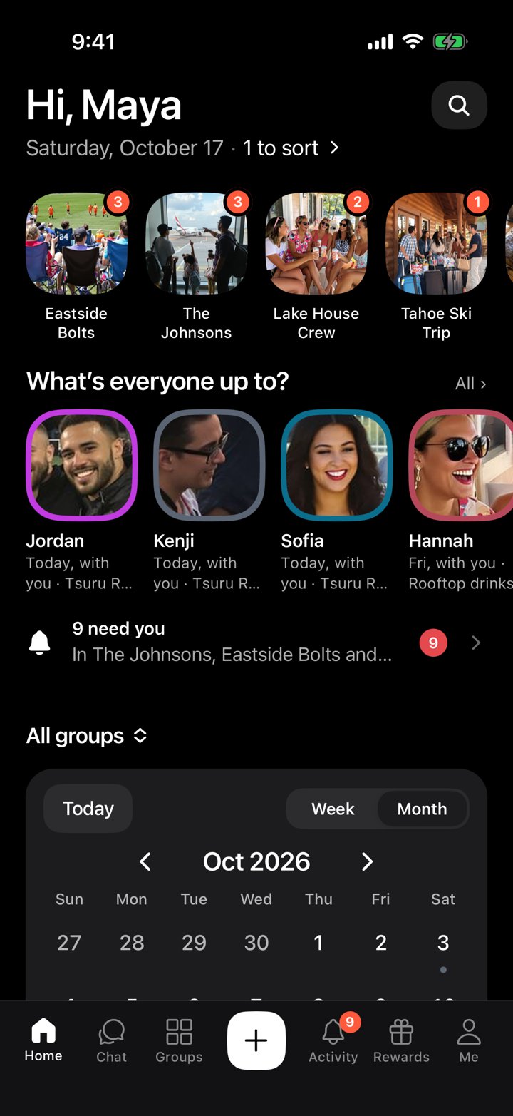 Camp’s Home: your groups up top, then what everyone’s up to, then your calendar