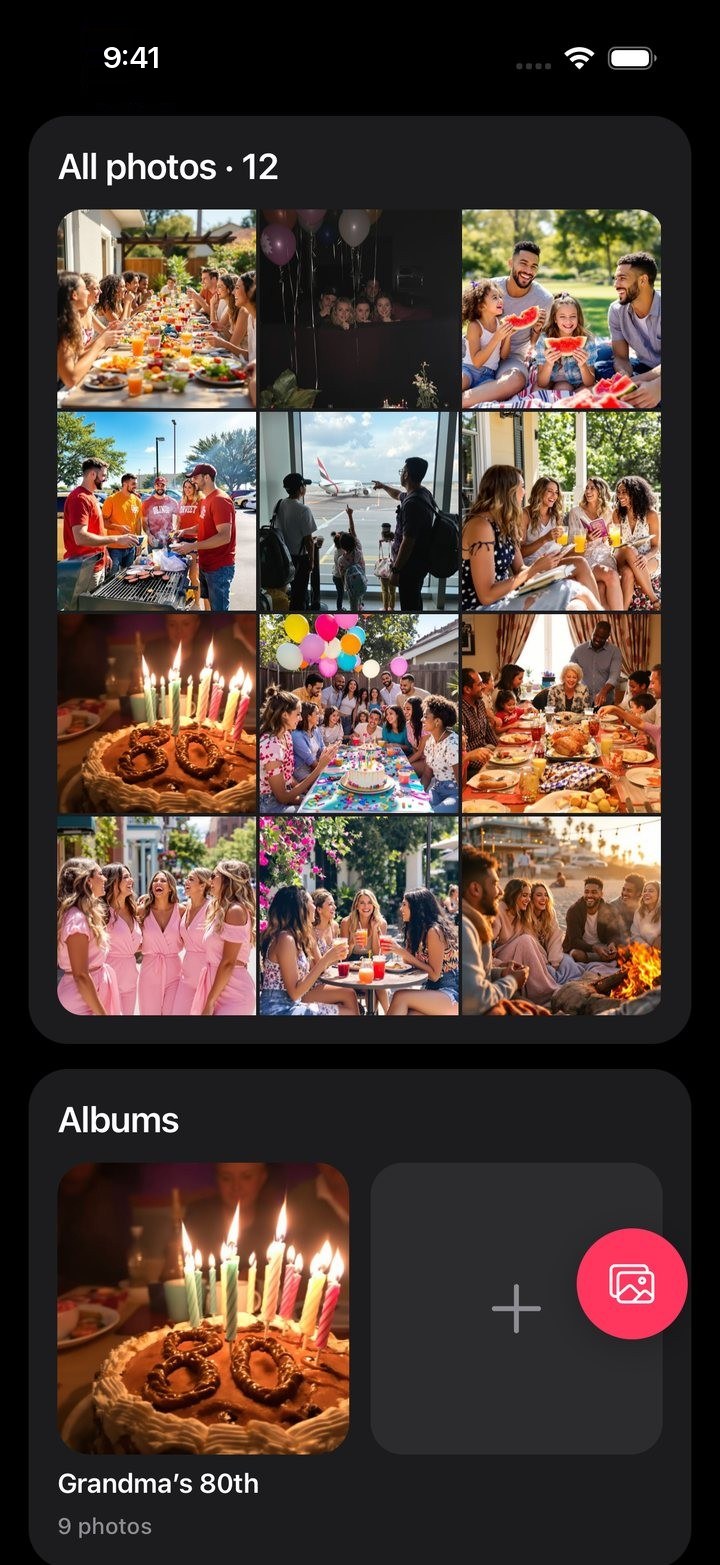 The Johnsons’ albums in Camp: twelve photos in a grid, and an album for Grandma’s 80th