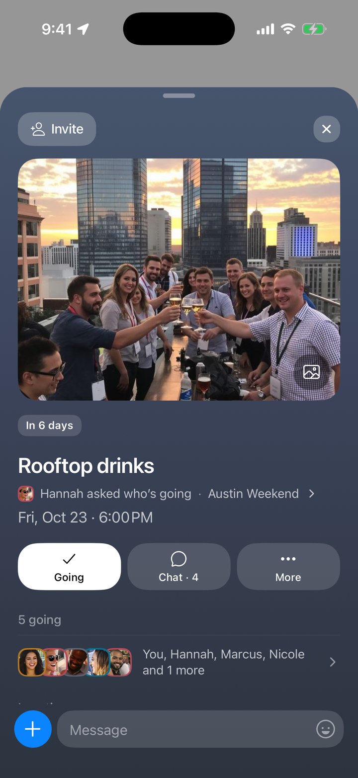 The plan it became in Austin Weekend: Rooftop drinks, Friday, Oct 23 at 6:00pm, with the post’s photo, You’re going, and its chat
