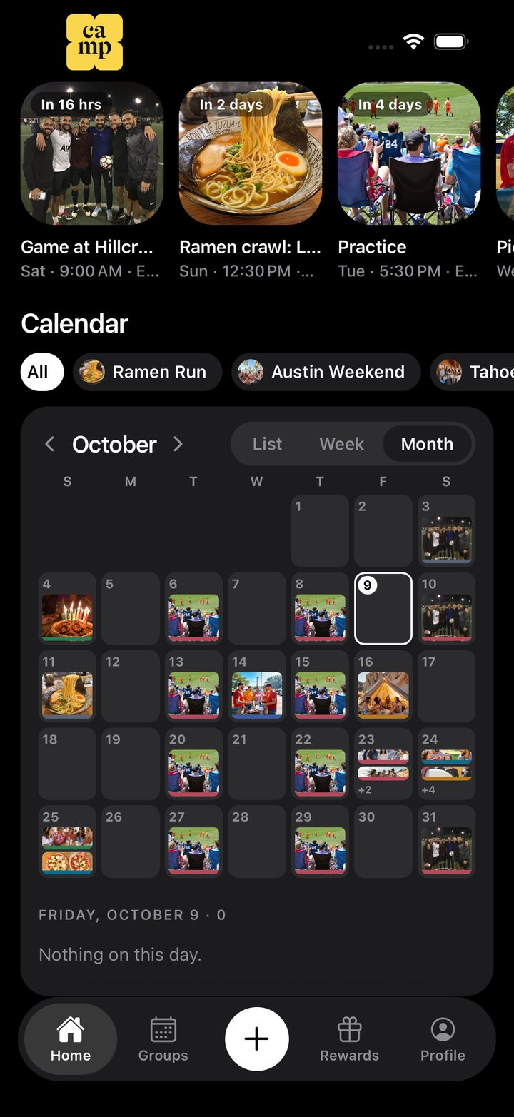 Camp’s Home calendar for October: every group’s plans on one month grid, each day showing its photo