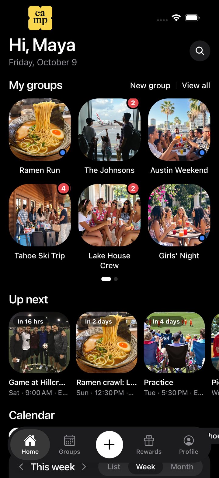 Camp’s Home screen: My groups as photo tiles, then Up next