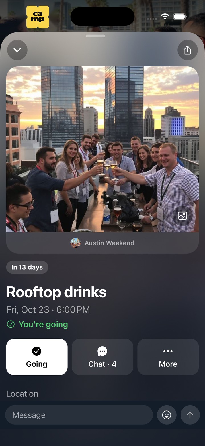 The plan it became in Austin Weekend: Rooftop drinks, Friday, Oct 23 at 6:00pm, with the post’s photo, You’re going, and its chat