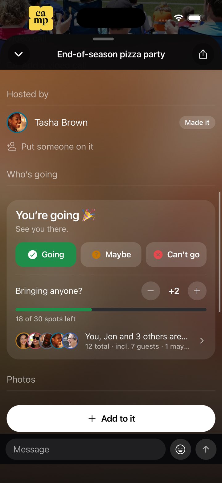 The pizza party plan in Camp: You’re going, Going, Maybe, Can’t go, 18 of 30 spots left
