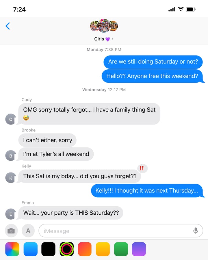 An iMessage group chat where nobody remembers Kelly’s birthday is this Saturday
