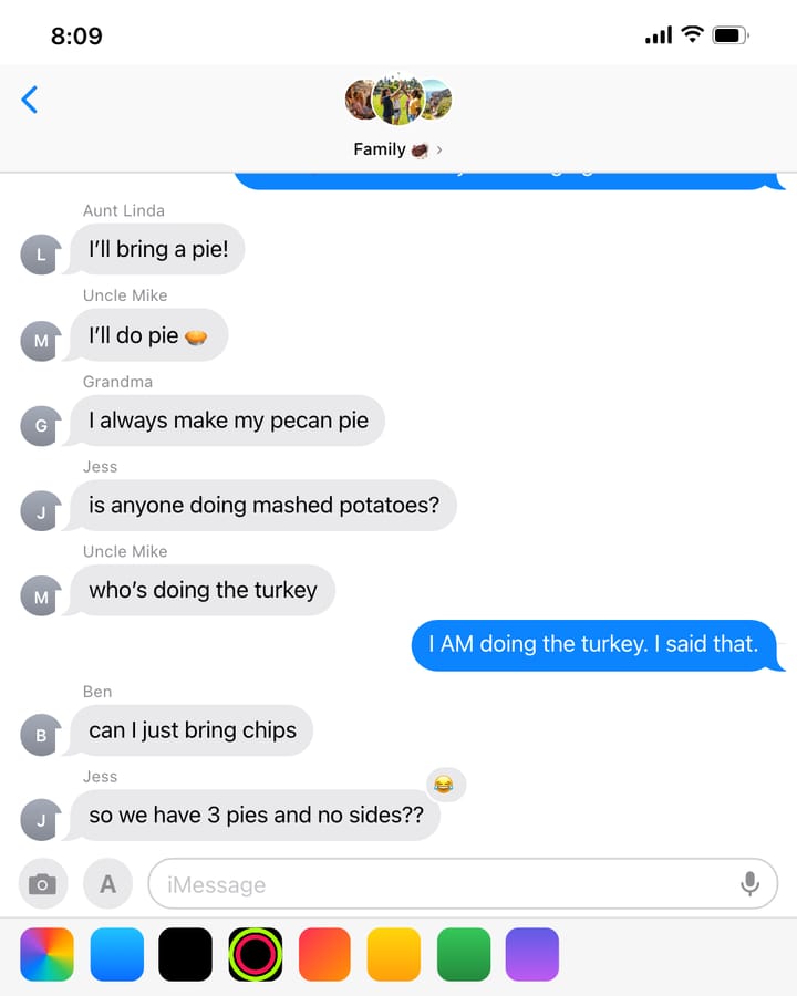 An iMessage group chat: Three pies. Zero sides.