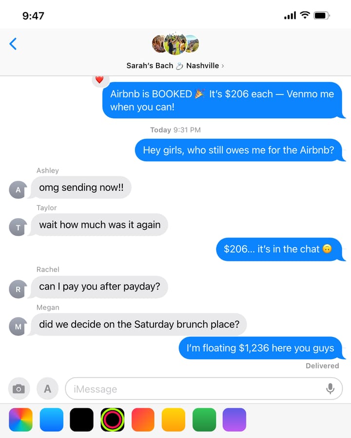 An iMessage group chat: “Who still owes me for the Airbnb?”