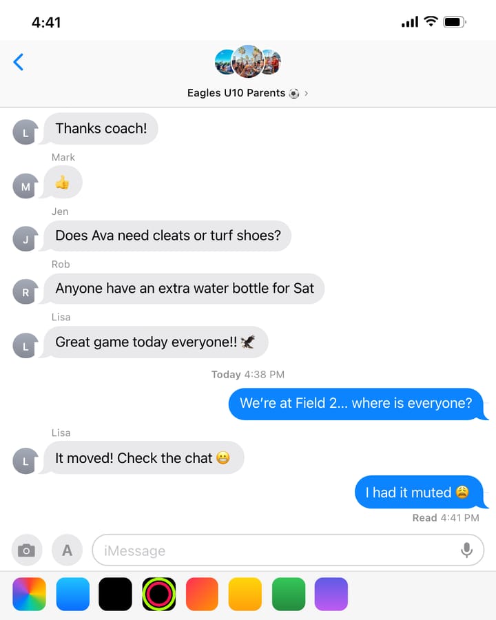 An iMessage group chat: Mute the chat. Miss the plan.