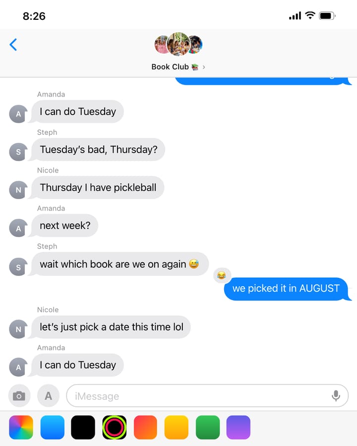 An iMessage group chat: Two months. One book. Zero dates.